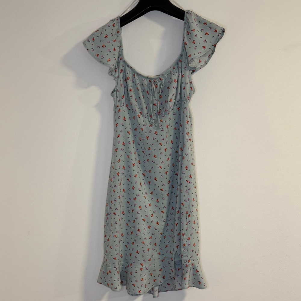Floral Ruffle Sleeve Dress - sage with purple & orange flowers